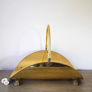 Vtg Brass Log Holder Fire Wood Handle Basket Claw Feet Fireplace Hearth Decor